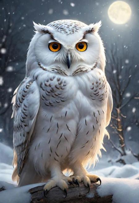 style by (Clay Mann:2.5), unique realistic (fluffy cute snow-owl chick:1.8)  phantasmagoria, Christmas Night Atmosphere, Dynamic Angle, Dramatic Lighting, Storm-snowfall detailed winter  masterpiece, digital painting,<lora:add-detail-xl:1.4>, windy epic polar, perfect freckles face, dirty fantasy, (luminous yellow eye), professional make-up, mesmerize