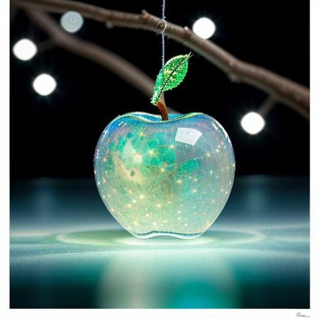 a delicate apple made of opal hung on branch in the early morning light, adorned with glistening dewdrops. in the background beautiful valleys, divine iridescent glowing, opalescent textures, volumetric light, ethereal, sparkling, light inside body, bioluminescence, studio photo, highly detailed, sharp focus, photorealism, photorealism, 8k, best quality, ultra detail:1. 2, hyper detail, hdr, hyper detail, ((universe of stars inside the apple) )