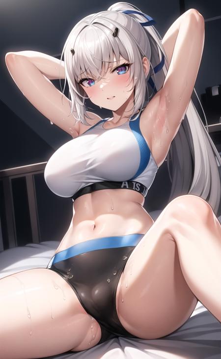 (masterpiece), best quality, ultra-detailed, illustration, warm lighting, bright colors, blue eyes, blue ribbon, bare shoulders, grey hair, hair ornament, hair ribbon, very long hair, midriff, ponytail, seoyoon, medium breast, 

diffusion lighting, hdr, depth of field, (toned), wet, ((fitness)), shiny skin,

((serafuku)), navel, skindentation,

on the bed, back on bed, lying down, spread legs, (feet pressing down), feet lifting body, night time, night, armpits, arms ups,

(((empty eyes, blank stare, hypnosis, mind control))), horny,

 <lora:seoyoon:0.65>