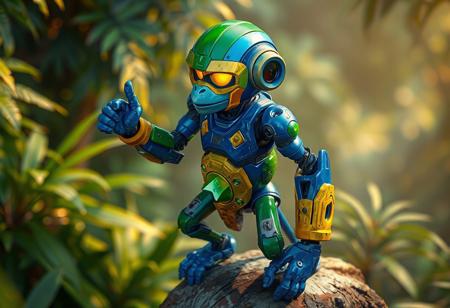 epic details Vibrant blue Acrobat Monkey robot with green helmet, yellow visor gleam, green limbs, yellow chest plate, green gem sparkle, stands proudly on a jungle dweller. Poised for action, head turned left. Lush jungle setting. Isometric view, dynamic pose, cinematic lighting, depth of field. Concept art, Octane Render, Unreal Engine, trending on Artstation, Golden Ratio composition, intricate detail.