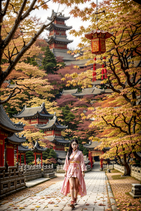 detailed,masterpiece,smooth skin,1girl,(solo:1.1),early teen,streaked hair,smooth knees,(china_dress:1.2),chinese style architecture,looking_at_viewer,cityscape,pink lantern,(autumn maple forest:1.3),(very few fallen leaves),(path),hanfu,tang style outfits,<lora:hanfuTang_v32:0.7>,logical structure,