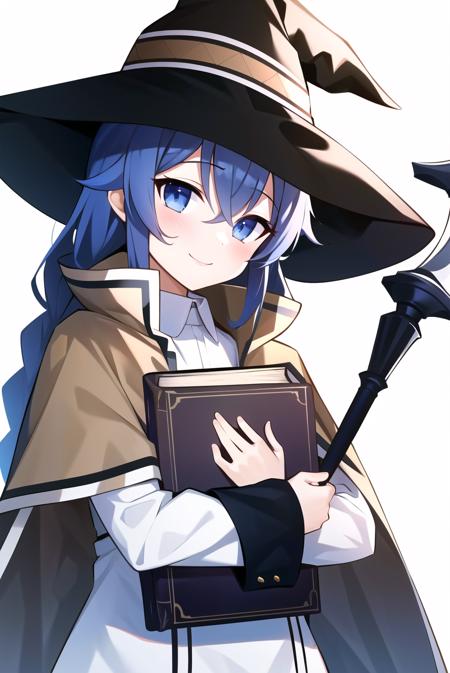 roxy migurdia, 1girl, bangs, blue eyes, blue hair, blush, book, book hug, braid, brown cape, brown capelet, brown headwear, cape, capelet, collared shirt, crossed bangs, dress, hair between eyes, hat, holding, holding book, long braid, long hair, long sleeves, looking at viewer, object hug, shirt, simple background, smile, solo, staff, tsurime, twin braids, upper body, white background, white dress, witch hat, ((masterpiece)),  <lora:roxy_migurdia_offset:1>