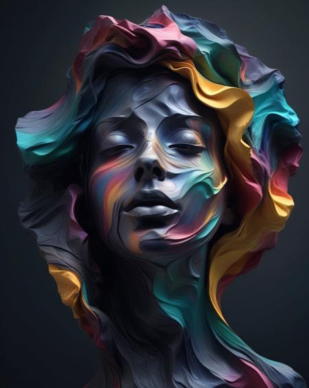 dark sky,abstract waves of colors blending together conforming a woman face,in the style of 3d render,  crumpled,  ethereal sculpture, breathtaking,award-winning, masterpiece, professional, majestic, expressive, striking, evocative

