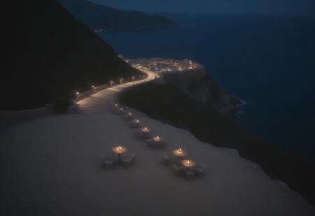 high up mountain, night, stone stairs, overlook, outdoor tables, coast below, city lights below, summer, beach, fauna, masterpiece, best quality, absurdres, very aesthetic