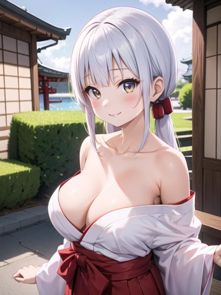 mikofuku, smile, off shoulders, large breasts <lora:normal miko-002_0.7:1>