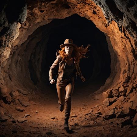Woman running towards the camera, inside a dark cave. A giant rocky sphere is behind her.
She's wearing a brown fedora, brown leather jacket, baggy pants.  There are lots of skulls and bones on the ground.
She has a worried look on her face.  She has long flowing orange hair.
A leather whip is coiled up on her hip.