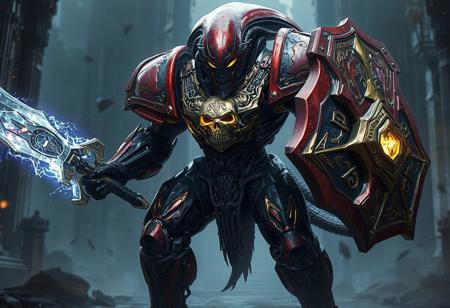 A fearsome Alien Stealthbuster strides forward with lethal purpose, its crimson-and-ebony battle armor gleaming with ornate gold filigree. The warrior's terrifying visage is accentuated by a glowing skull emblem on its chest plate, pulsing with otherworldly energy. In its right hand, a massive crystalline sword crackles with power, while its left arm bears an angular shield humming with defensive force fields.Blends H.R. Giger's biomechanical horror with Syd Mead's futuristic designs. The armor's skeletal motif recalls Dark Souls boss aesthetics, while the fortress architecture evokes Warhammer 40K's gothic grandeur.
Created as a flagship character for AAA sci-fi games or blockbuster film concept art. Currently trending on ArtStation for its: