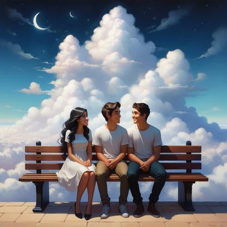 a beautiful young couple in love sits on a bench and daydreams, they look into the camera with big eyes and smiles
I'll build you a castle That lies in the clouds
I'll do anything for you
Everything there is But I only have one castle
That lies in the clouds.
Art by, Daniela Uhlig and Tatiana Suarez, greg rutkowski
