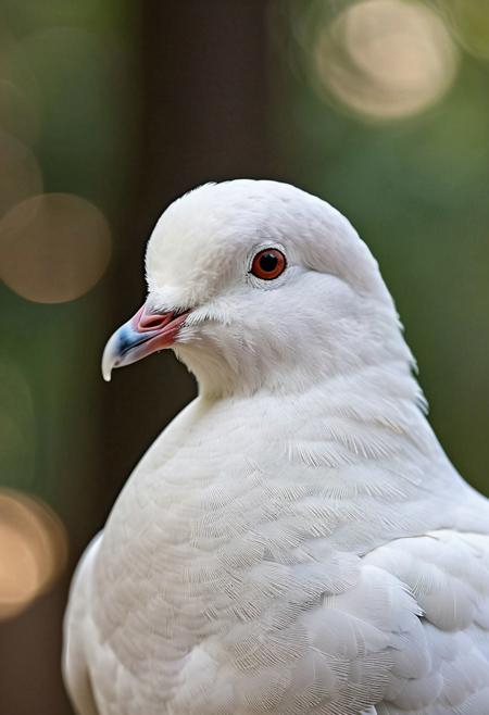 portrait, masterpiece, 4k, ray tracing, intricate details, highly detailed, hyper realistic, 8k RAW editorial photo.
an adorable white dove, head with a tilt and a slight blink. The dove is feathers should be soft and fluffy, the background should be a  forest, dramatic light, shallow depth of field, high budget,