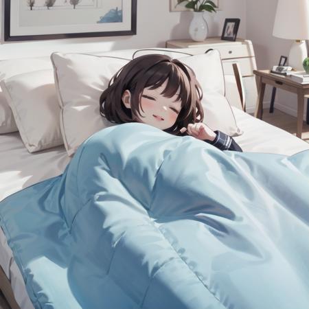 best quality, ultra-detailed, illustration, smile, 1girl, solo,
futon, closed eyes, pillow, sleeping, brown hair, lying, bed, blanket, smile, on side, under covers, lips, indoors,
 <lora:goodsleep_SD15_V3_DIM4:0.8>