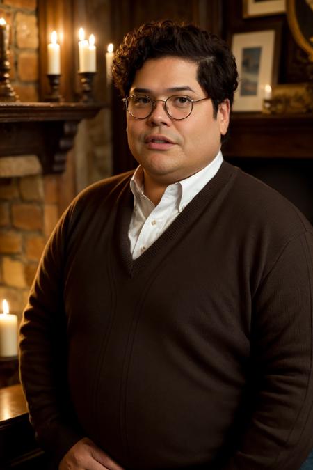 harveyguillen in a (dark:1.2) antique house lit by candlelight, glasses, brown sweater with a white shirt and tie <lora:rs-HarveyGuillenLora-03:1>