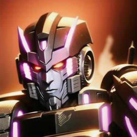 a masterpeice of tarn, unmasked,  portrait, slight smirk,pinup, solo, mecha, no humans, glowing red eyes, decepticon, <lora:Tarn>