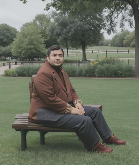 tabitha, standing,  looking to viewer, 1man, male focus, grass, sitting down, bench, park <lora:Tabitha:0.8>