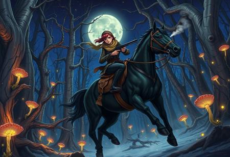 2. Moonlit Pursuit Through Ghost Pines
*A hyper-realistic anime-style painting of Calamity Jane, she is a 24-year-old female, tall and slender with long legs, green eyes, pale skin, she wears a wide-brimmed hat, a scarf, a jacket with geometric patterns, black pants, and high black boots. She has red hair tied up in the back with a feather. She rides Dakota at full gallop through a haunted forest of twisted, silver-barked trees, their branches clawing at a star-streaked indigo sky. Bioluminescent fungi pulse along the roots, casting eerie green and blue light on her determined face. Her guns are drawn, smoke trailing from the barrels as spectral bandits dissolve into mist behind her. Dakota’s powerful legs are captured mid-stride, veins visible under his jet-black coat, his breath steaming in the cold air. Fireflies swirl around them like embers, adding to the surreal glow.*