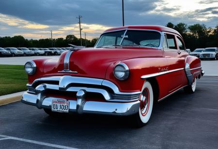 photo of a red Pontiac 1953 car parked in an empty parking lot, evening, cloudy, extremely detailed