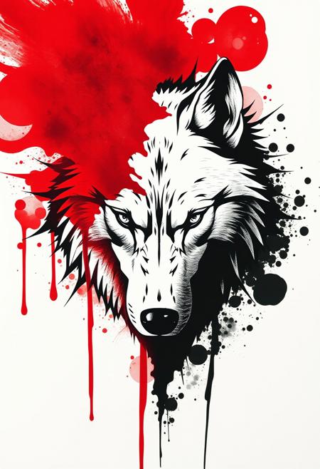 On a white background, a Wolf's head breaks through the background, the top half of the Wolf's head is red, the bottom half of the Wolf's head is black,
The top half of the background is a large splatter of blood, the bottom half of the background is a large splatter of ink