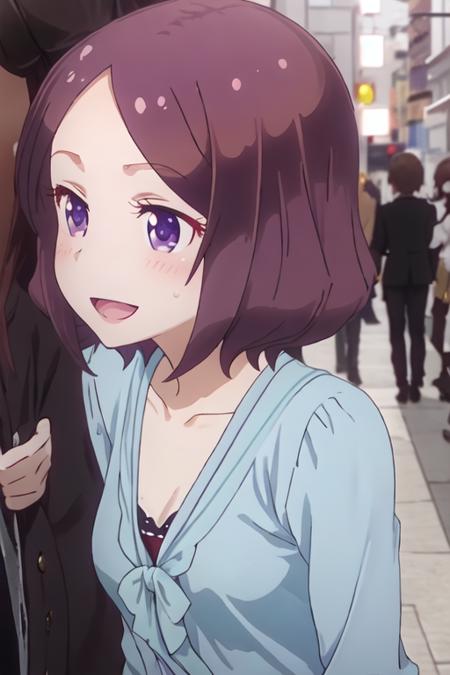 best quality, masterpiece, highres, solo, {tooyama_rin_newgame:1.15}, short_hair, brown_hair, purple_eyes, blush, purple_hair, smile, 1girl, closed_eyes, ^_^, open_mouth, :d, upper_body