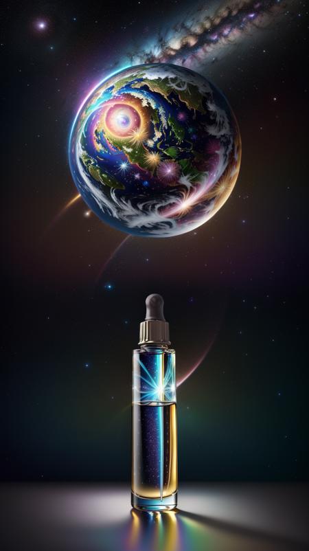 the entire observable universe in a single bottle, Dreamlike, Surreal landscapes, Mystical creatures, Twisted reality, Surreal still life, (Extremely Detailed Oil Painting:1.2), glow effects, god rays, Hand drawn, render, 8k, cartoon, octane render, cinema 4d, blender, dark, atmospheric 4k ultra detailed, cinematic sensual, Sharp focus, humorous illustration, big depth of field, Masterpiece, colors, 3d octane render, 4k, concept art, trending on artstation, hyper realistic, Vivid colors, extremely detailed CG unity 8k wallpaper, trending on ArtStation, trending on CGSociety, Intricate, High Detail, dramatic, (masterpiece), (best quality), (ultra-detailed), (unreal engine), (octane render), (HDR)