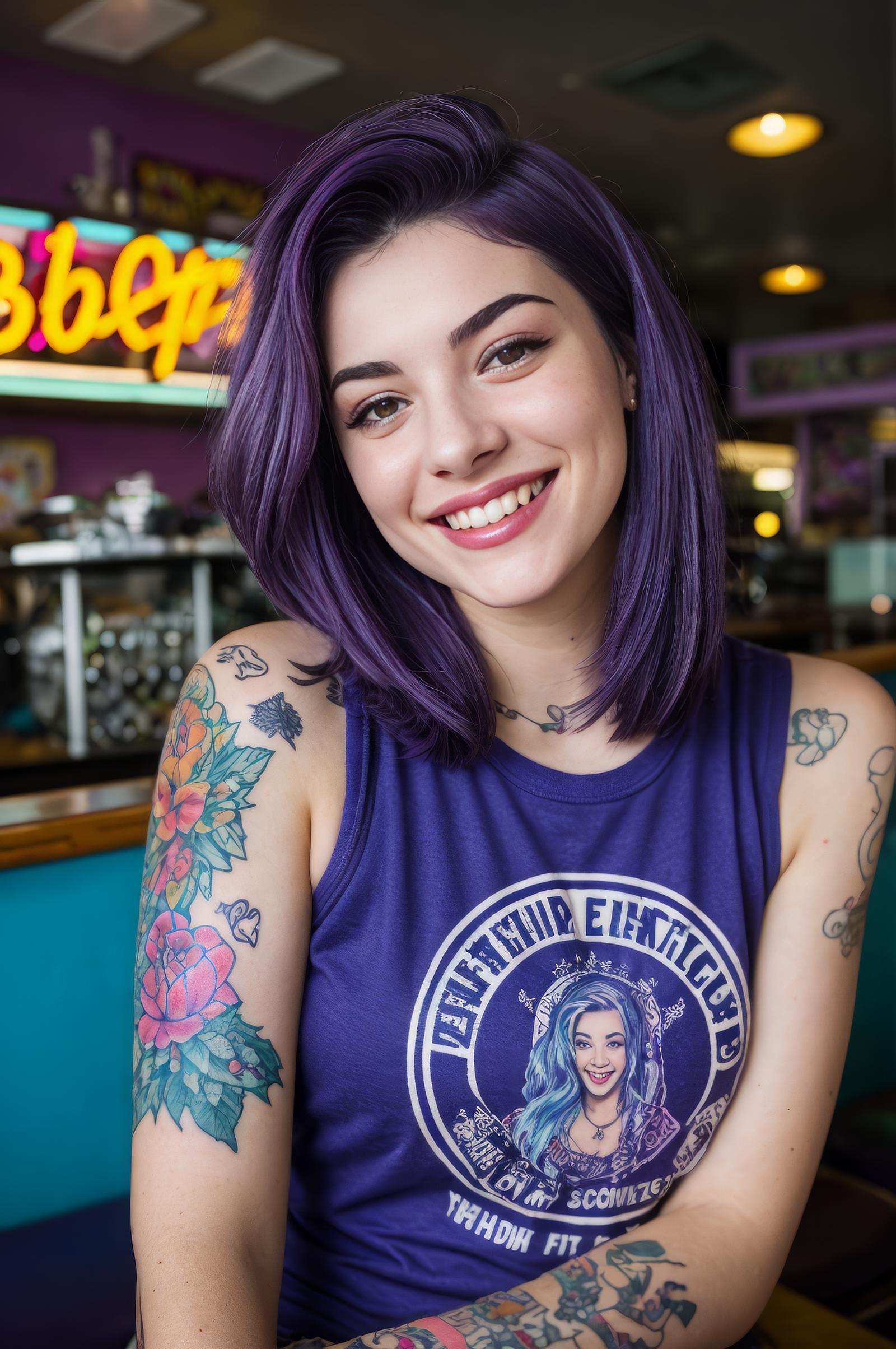A young woman with purple hair and tattoos wearing a purple shirt.