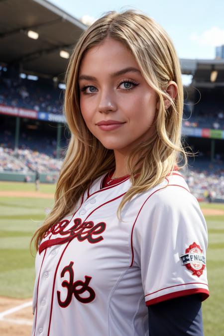 (close up photograph of Sydney, solo, on baseball field, in baseball uniform, small smile), ((looking at viewer))
<lora:Sydney Sweeny:0.8> <lora:add_detail:0.7>