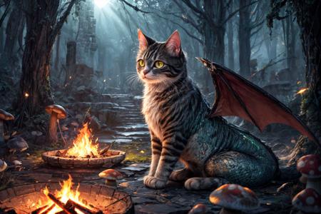 (RAW photo, 8k uhd, Analog style, Masterpiece, Best Quality, Highres:1.4), (dramatic, cinematic:1.2), BREAK,
movie shot of hyperdetailed (cat headed:1.35) (dragon:1.3), ((dragon:cat:0.77):1.15), (glowing:1.2) (scales:1.1), (tail:1.0), golden eyes, green (armor:1.25), lying in the detailed ((magic:1.1) forest:1.1), (castle ruins:1.32), (overgrown:1.2), (hill:1.2), (roots:1.05), (mushrooms:1.27), (light particles:1.2), (glowing sparks:1.07), (green magic:1.1), (sunset:1.22), soft lighting, (campfire:1.03), (treasures:1.3), (from side:1.1), BREAK,
(photorealistic:1.2), (intricate:1.4), (light theme:1.4), (mysterious, fabulous, fantasy, mystical:1.3), (hyperdetailed, absurdres:1.2), (colorful:1.3), (no humans:1.4), (elegant:1.1), vertical pupils, (bat wings:1.2), (dragon wings, claws, spikes:1.15), (glowing ornament:1.2), (incredible, amazing, esoteric:1.2), BREAK,
<lora:more_details:1>,
<lora:zoom_slider_v1:2.38>