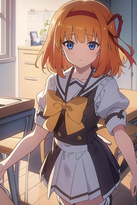 kaedefuyou, <lyco:kaedefuyou-LYCORIStest:1>,
kaede fuyou, short hair, orange hair, hair ribbon, hairband, blue eyes,
BREAK skirt, bow, ribbon, school uniform, short sleeves, pleated skirt, serafuku, socks, puffy sleeves, bowtie, puffy short sleeves, black socks, yellow bow, yellow bowtie,
BREAK looking at viewer,
BREAK indoors, classroom, 
BREAK <lora:GoodHands-vanilla:1>, (masterpiece:1.2), best quality, high resolution, unity 8k wallpaper, (illustration:0.8), (beautiful detailed eyes:1.6), extremely detailed face, perfect lighting, extremely detailed CG, (perfect hands, perfect anatomy),