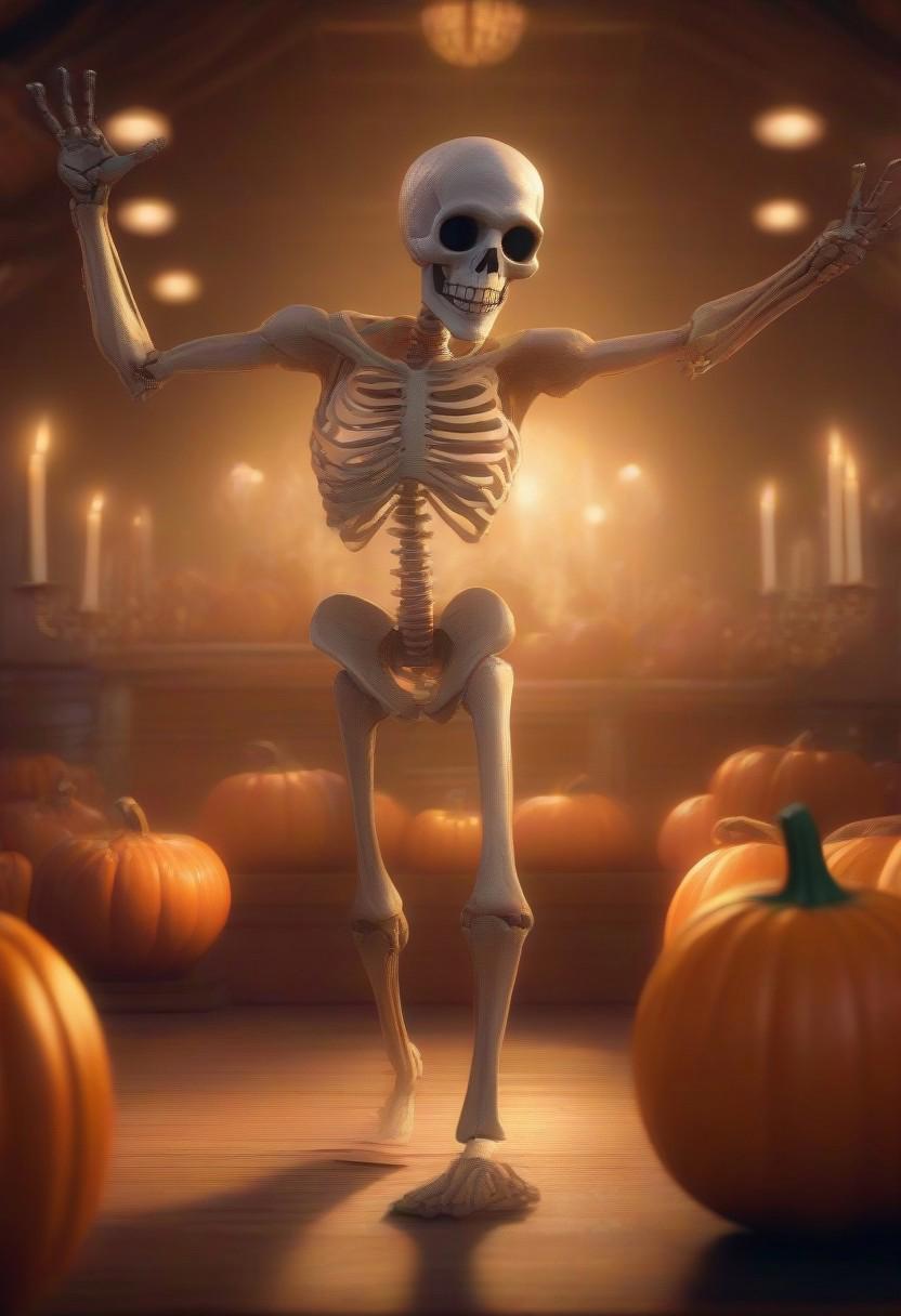 A happy cute, skelington dancing in disco hall, surrounded by pumpkins, Adorable, heart warming, cheerful, detailed, bright colours, friendly expression, small size, shiny, eco-friendly, environmental, sunlight, shadows, digital art, whimsical, playful, intricate details, high resolution, photorealistic, joyful atmosphere, gentle, soft lighting, cartoonish style, enchanting, vivid, appealing, character design, imaginative, family-friendly, [photography, realistic, photorealistic, (8k), (highly detailed), cinematic lighting, intricate details, (high resolution), award-winning,   correct focus, realistic, realistic lighting, (highly detailed),  masterpiece], ((Cinematic Still-Shot))