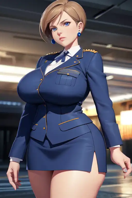 Agent Topaz, short sandy brown hair, blue earrings, dark blue government uniform, holding gun