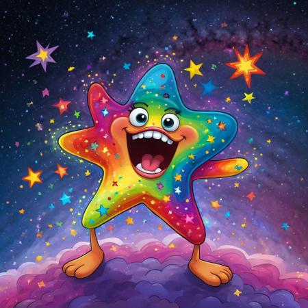 cute silly anthropomorphic star character sneezing, mouth wide open expelling swirling colorful galaxy of stars and nebulae, dizzy googly eyes spinning, stubby limbs flailing comically, vibrant rainbow palette of colors, painted with bold outlines and cel shading, exaggerated cartoon expression, whimsical mischievous vibe