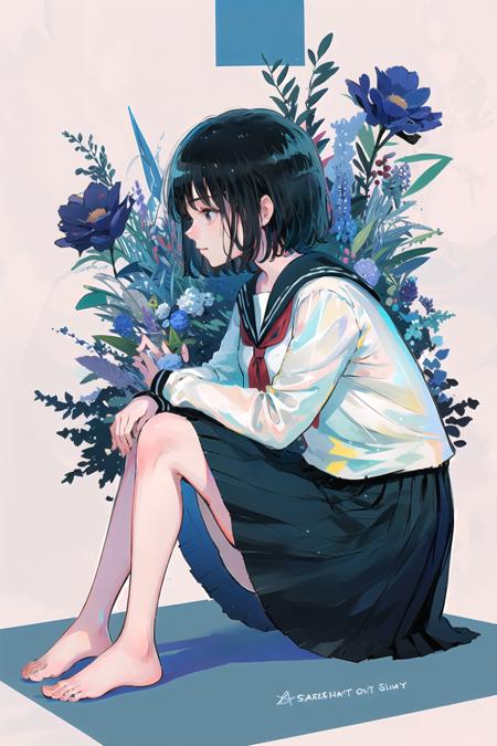 blue theme,Ultramarine, 1girl, solo, school uniform, short hair, serafuku, skirt, barefoot, sitting, blue flower, shoes, white background, sailor collar, neckerchief, long sleeves, black hair, white shirt, shirt, from side, pleated skirt, blue skirt, neckerchief  <lora:Ultramarine-000018:1>