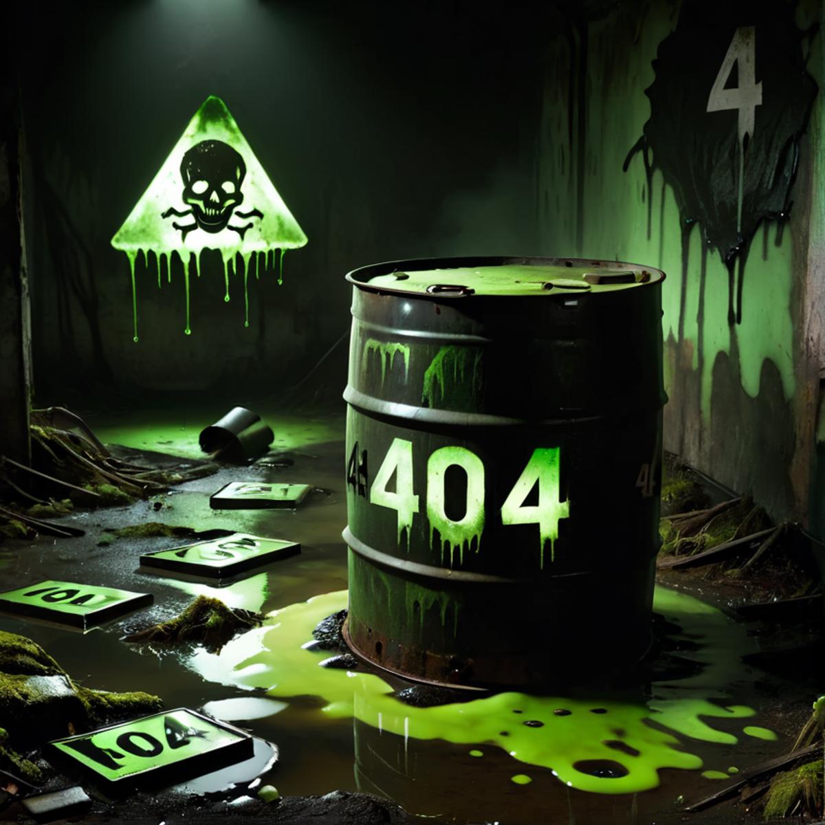 A green and brown 404 barrel in a dirty room with 404 signs around it.