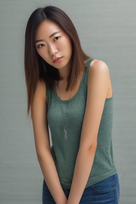 1 Girl, anime facial structure, beautiful asian eyes, green eye, cute face, Tank Top Upper,has breasts, photorealistic, photorealistic, ultra-detailed, finely detailed, high resolution,very long messy hair, perfect dynamic composition