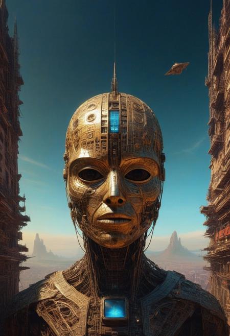 Visualize a futuristic mask, geometry and digital artwork by Beksinski, symbolizing online community in the style of incorporate elements that evoke a sense of magic, building with a large spaceship complex, elegant, expansive, fantastical, film photography style, heavy grain