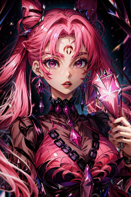 <lora:BlackLady:0.8> Dark_Lady, 1girl, solo, long hair, dress, holding, twintails, jewelry, upper body, pink hair, earrings, parted lips, pink eyes, hair bun, double bun, makeup, facial mark, lipstick, crescent,forehead mark, red lips, cone hair bun, crescent facial mark, crystal earrings