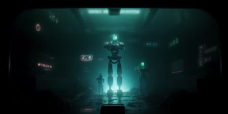 <lora:15MovingMeditations:1>meditation scene: a man standing in front of a giant robot in a dark room