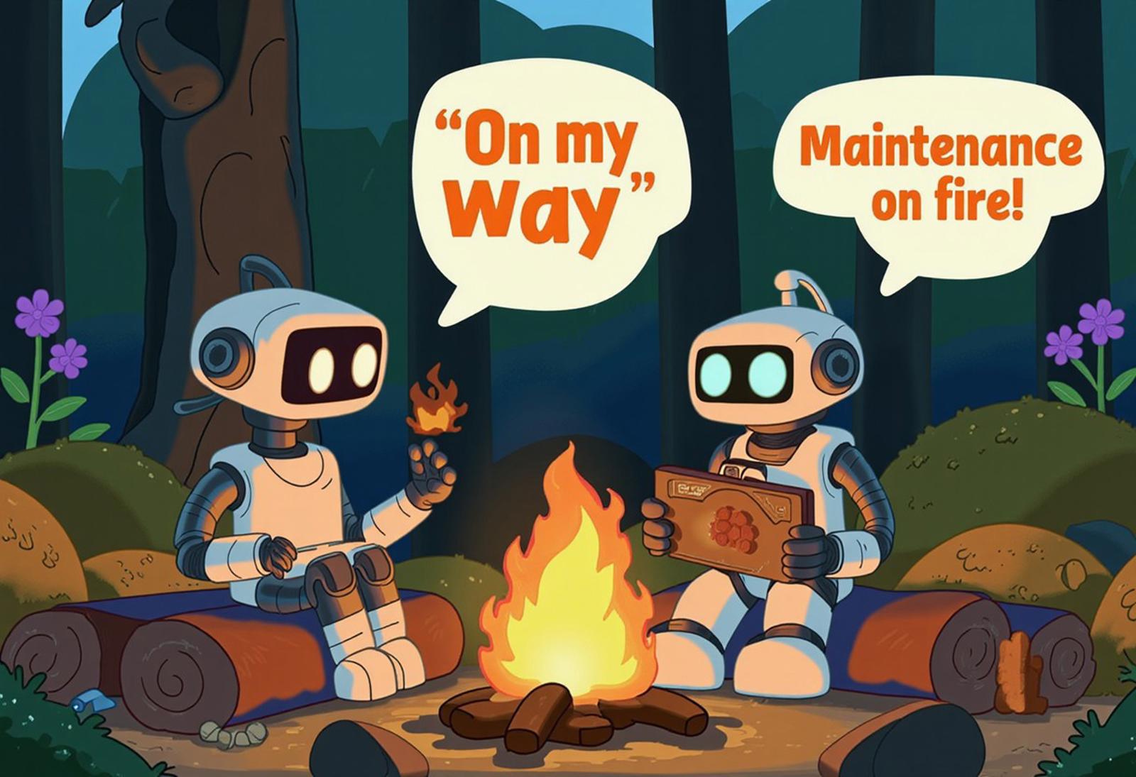 First cozy appearance robot have an argument discussion at campfire that campfire log fuel look a like of computer GPU., 
Second high-tech appearance robot said (glowing light-orange text with white bubble background)"On my way~".,  
Third monitoring boss appearance robot hugged graphics card GPU) and then said (glowing light-orange text with white bubble background)"Maintenance  on  fire!".,
Robots siting in front of camp fire inside wild forest near river in old school style poster, modern cartoon network style . sbfte