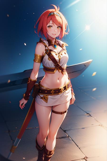 <lora:CREATED_ANIME_ShingekiNoBahamut_nina_v01_5nina_15reg_auto:0.8>nina \(shingeki no bahamut\), adventure outfit, belt, headband, navel, smile, full body, amber_eyes, 64K, f1.2, 800mm, UHD, dynamic lighting, anime screencap