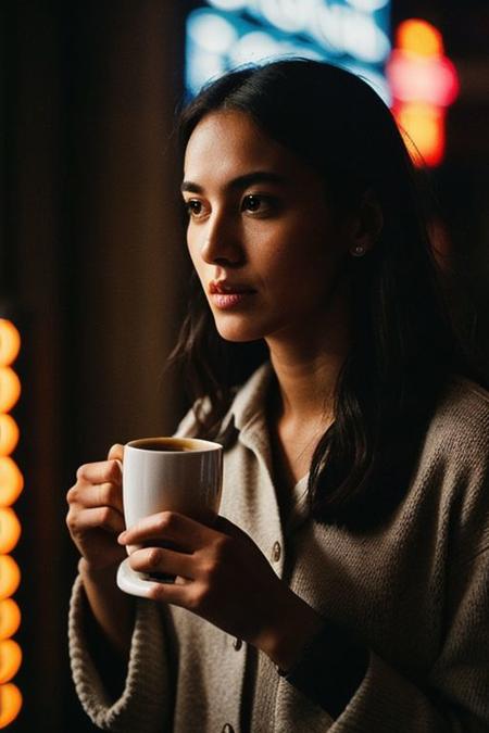 In a low-key style with the grainy texture of expired film, the photo offers a close-up view from above of a photo-realistic close-up medium shot of a beautiful girl's figure standing tall, depicted in full body, gently cradling a steaming small cup of coffee. The attention to detail captures every nuance of the subject's features and attire, creating a lifelike representation that almost breathes with realism. Against the backdrop of vibrant neon signage, the scene comes alive with a juxtaposition of warmth and urban energy. The subject's expression exudes a sense of calm amidst the bustling cityscape. Bathed in the dim neon-colored light of a blacked-out large window showcasing the city's glowing neon signs, the scene is a captivating mix of dramatic shadows, a washed-out color palette, and a shadowy ambiance reminiscent of a Kodak Portra 800 night shot.