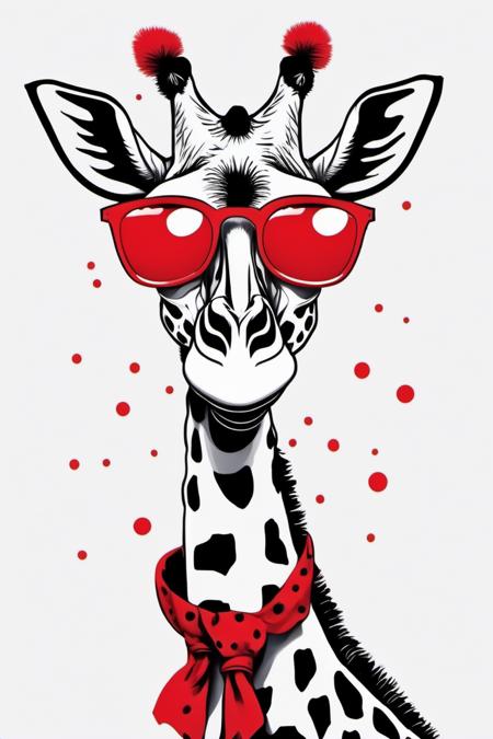 leonardo style, illustration,hand drawing black and white giraffe wearing christmas red hat covering the head, red rounded glasses, red tie with white small dots, big smile and happy look, ultra HD, hi_resolution, high_definition.<lora:leonardo_illustration:1>