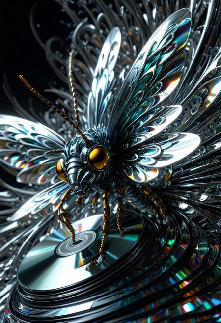 masterpiece, best quality, ultra detailed. highres.
(made of cd's:1.25), a fractal hyper-realistic digital chrome art of a cold silver-colored, hornet, by a flower, 
smooth, reflective surface, captures and distorts ambient light in cinematic ways, creating dynamic highlights and shadows across its polished contours. void, iridescent,