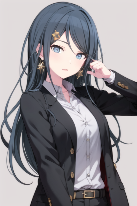 ichika, looking at viewer, simple background, shirt, hair ornament, long sleeves, jewelry, jacket, upper body, earrings, parted lips, hairclip, collared shirt, belt, pants, hand up, star (symbol), black jacket, dress shirt, buttons, black pants, formal, black background, grey shirt, tsurime, black belt, dot nose, double-breasted<lora:HoshinoIchika-07:0.74>