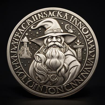 a (silver) c01n with a wizard man over black background