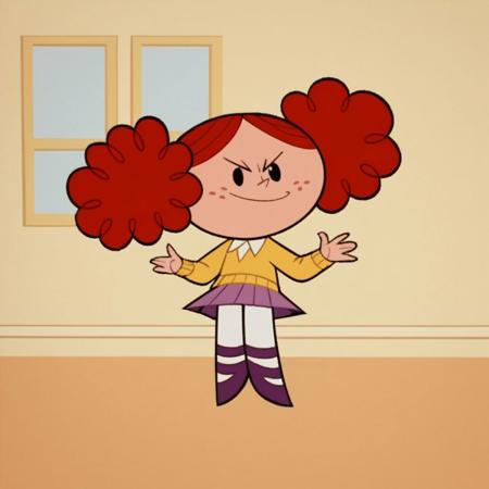 1girl, dark red hair, twin curly poof hair, freckles, yellow dress, jeweled ruby tiara, white tights, black belt, black boots, black gloves, solo, crown, gloves, black eyes, v-shaped eyebrows, forehead jewel  dark red hair, twin curly poof hair, freckles, yellow sweater, white under shirt, white tights, purple skirt, violet shoes, solo, skirt, pantyhose, twintails, white pantyhose, full body, purple skirt, 1girl,black eyes, v-shaped eyebrows