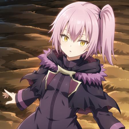 ultima, slit pupils, pink hair, purple hair, short hair, side ponytail, yellow eyes, bangs, hair between eyes, small breasts, black jacket, fur trim, purple trim, capelet, long sleeves, long dress,  purple dress, detatched sleeves, hair ribbon, black footwear, socks, purple ribbon, purple bow, hair ornament, black shirt, purple ascot, purple skirt, purple pantyhose, boots, black footwear, open jacket, black armored dress, black coat, black jacket, gloves, black gauntlets,