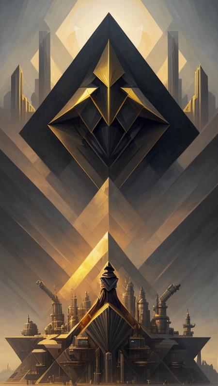 Cubist artwork Azem the Traveler, cloaked, yearning to explore. Gradient mastery, ink, gold leaf, and alcohol ink elements. Cinematic realism, luminism, and pollution-choked industrial landscape by Greg Rutkowski . Geometric shapes, abstract, innovative, revolutionary