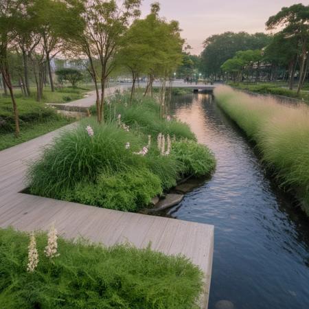 <lora:JJsEcology_Park_XL:1>, ((Ecology Park)),masterpiece , best quality, Landscape, scenery, outdoors, building, tree, sky, real world location, grass, bush, flower, city, water, lawn, sidewalk, ivy, bench,sakura, dawn, rain,pond,day, column, beam, RAW photo, subject, 8k uhd, dslr, soft lighting, high quality, film grain, Fujifilm XT3, aquatic plants, wood hand rail, soil, wild grass,  river, rock,pebble, fish under water,