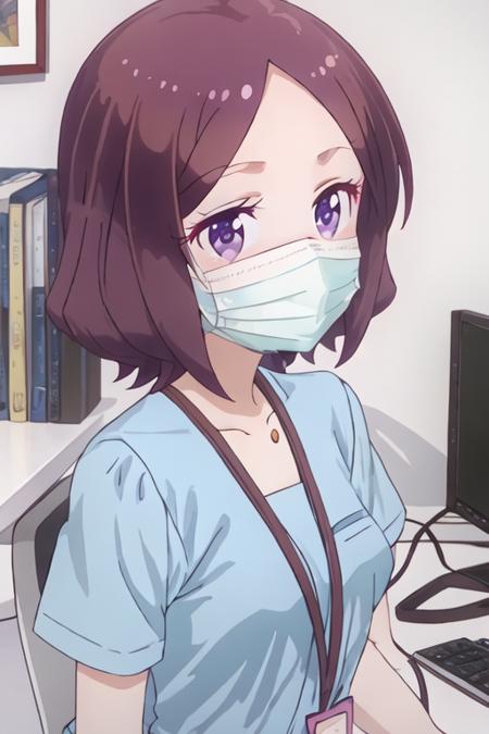 best quality, masterpiece, highres, solo, {tooyama_rin_newgame:1.15}, short_hair, brown_hair, purple_eyes, blush, purple_hair, smile, 1girl, mask, mouth_mask, surgical_mask, blue_shirt, indoors