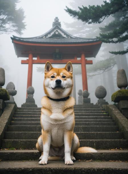(grey shiba inu:1.3),sitting,(angel wings:1.3),stone stairs,(torii:1.3),fog,japanese,temple,