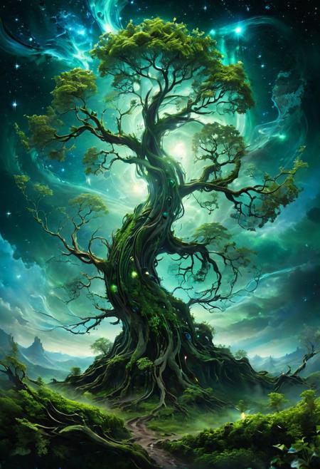 bright photography of a tree with stars in the sky, in the style of dreamlike fantasy creatures, multilayered dimensions, swirling vortexes, realistic color schemes, dark green and light blue, light-filled landscapes, mystic mechanisms