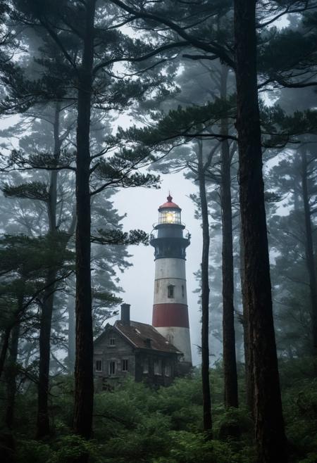 An old, 
partially broken lighthouse in a deep dark forest, 
its light shining through the treetops, 
fog around and a big old ship on the horizon